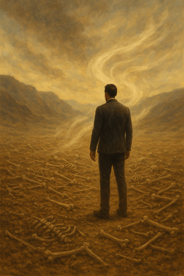 A man walking though a a dry valley.