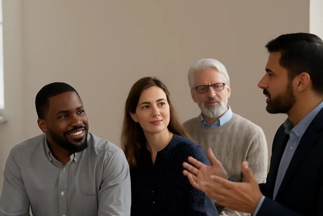 Group of diverse individuals demonstrating principled leadership and ageless wisdom in discussion