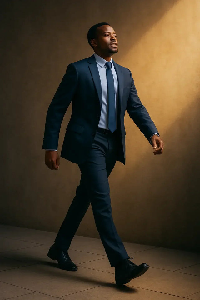 Well-dressed man in blue suit presses forward with leadership blog attitude.