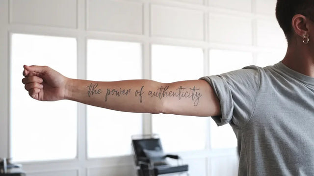 Arm with cursive tattoo reading the power of authenticity, embracing authenticity