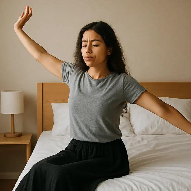Awakened leader in grey t-shirt, black pants on white bedspread