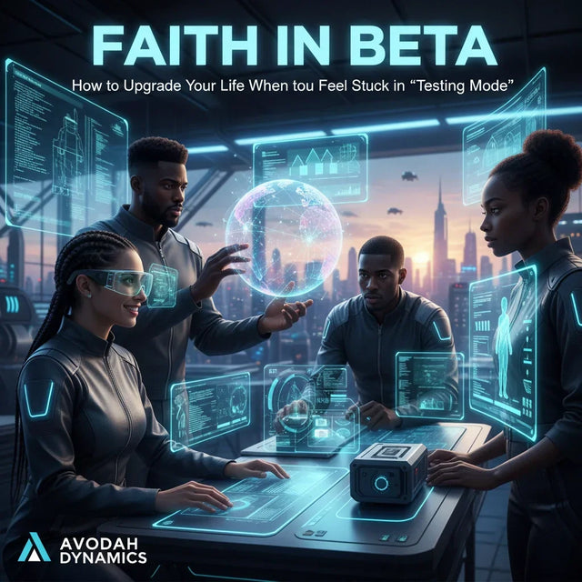 Futuristic holographic display showing beta mode updates interface