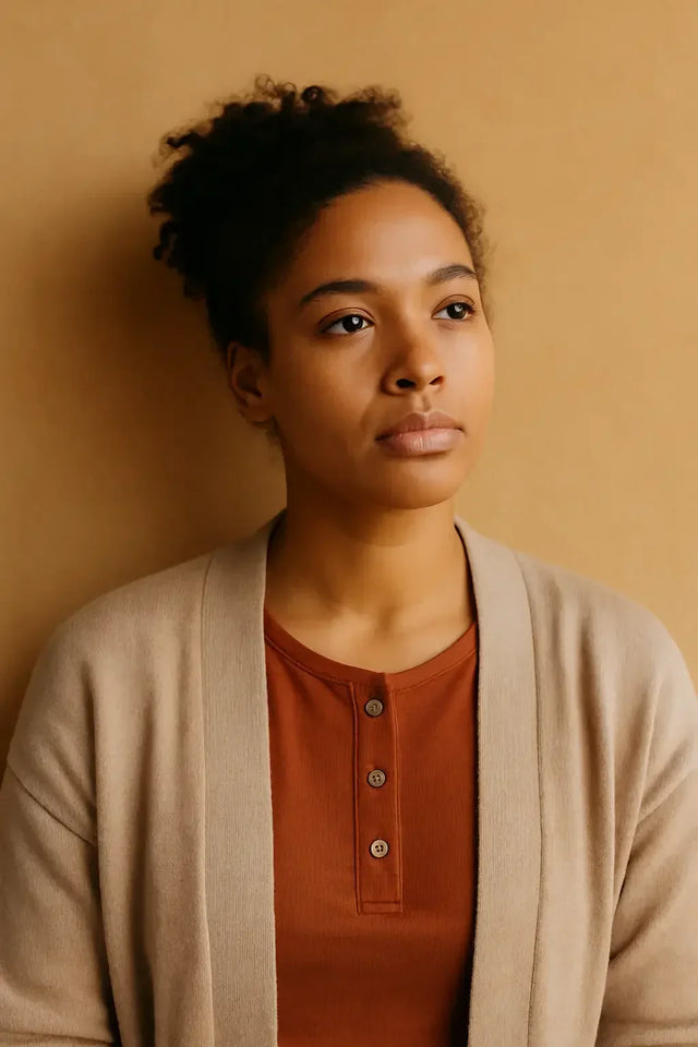 Young woman in tan cardigan trading worry with big three emotions in faith leadership