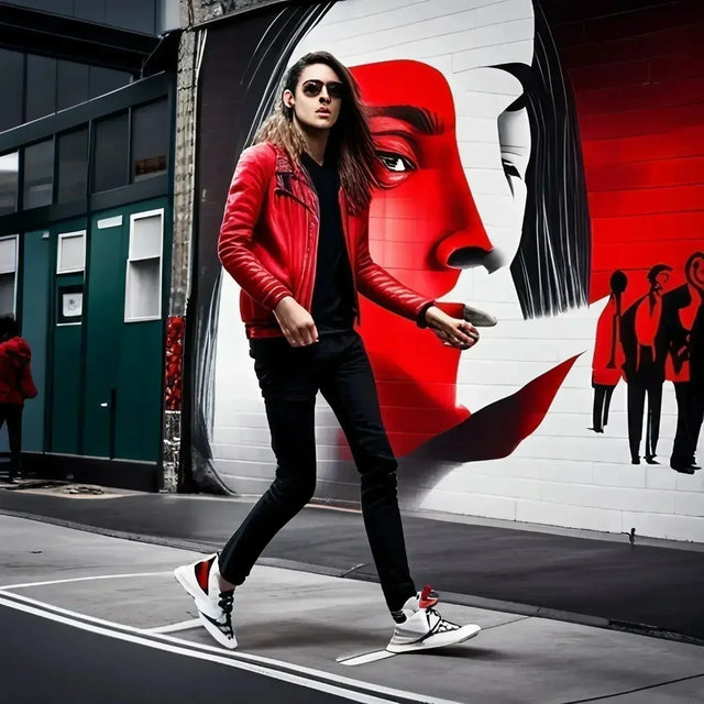 Woman embracing adaptability in business world, walking street in red jacket
