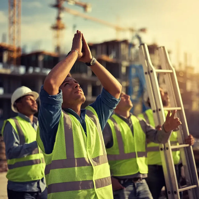Construction workers looking up at Avodah Chapel construction site