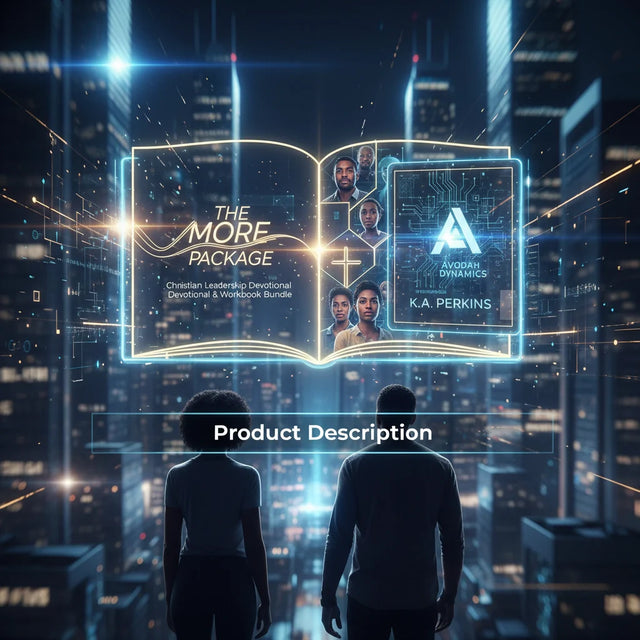 Holographic book on Christian leadership development in futuristic cityscape