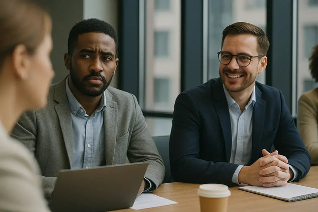 Business professionals in meeting overcoming comparison trap with God’s eyes