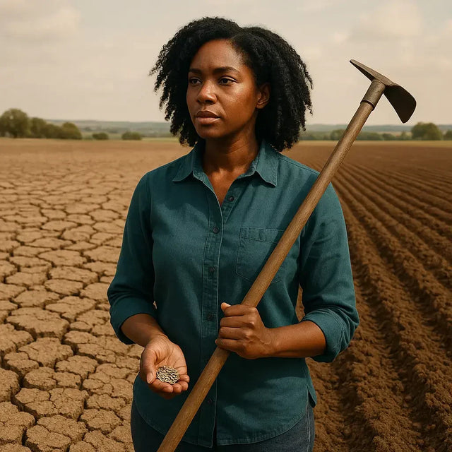 Female farmer with hoe and seeds reviving fallow ground in heavens timing