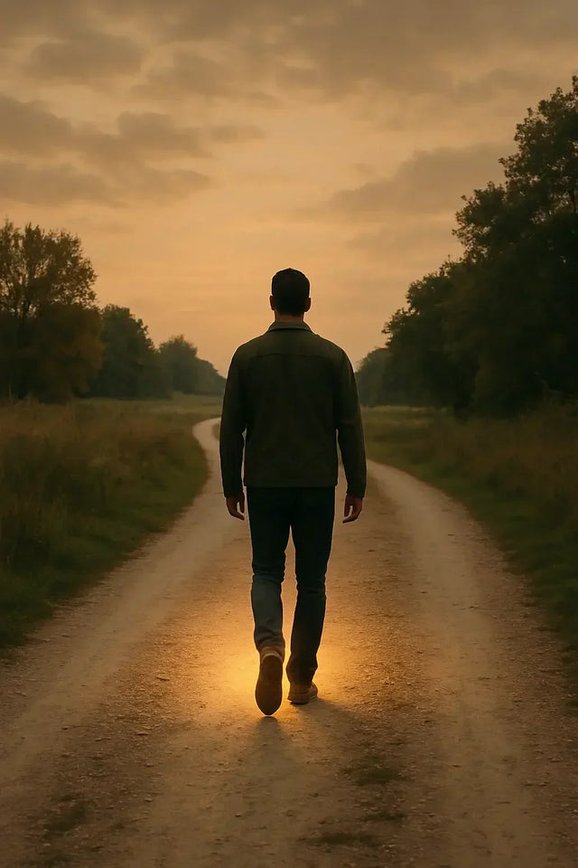 Man walking dirt road at sunset, embracing divine guidance in decisions