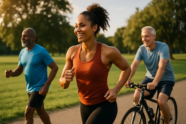 Diverse ages and ethnicities exercising outdoors, as earth suit matters.