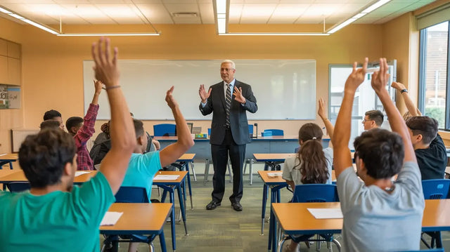 Avodah Dynamics classroom: elevating minds, students raising hands