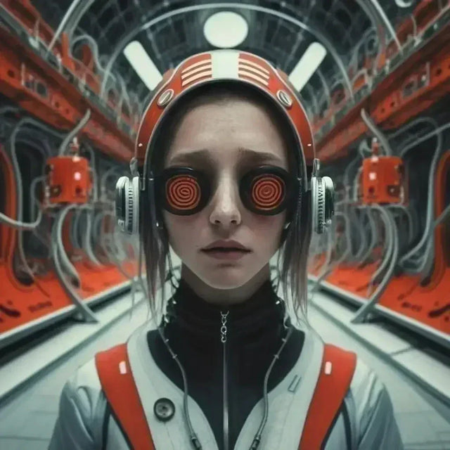 Woman in space suit with headphones boosting emotional intelligence in hustle culture