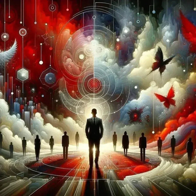 Leader leveraging emotional intelligence amid dramatic red cloudy sky in work environment