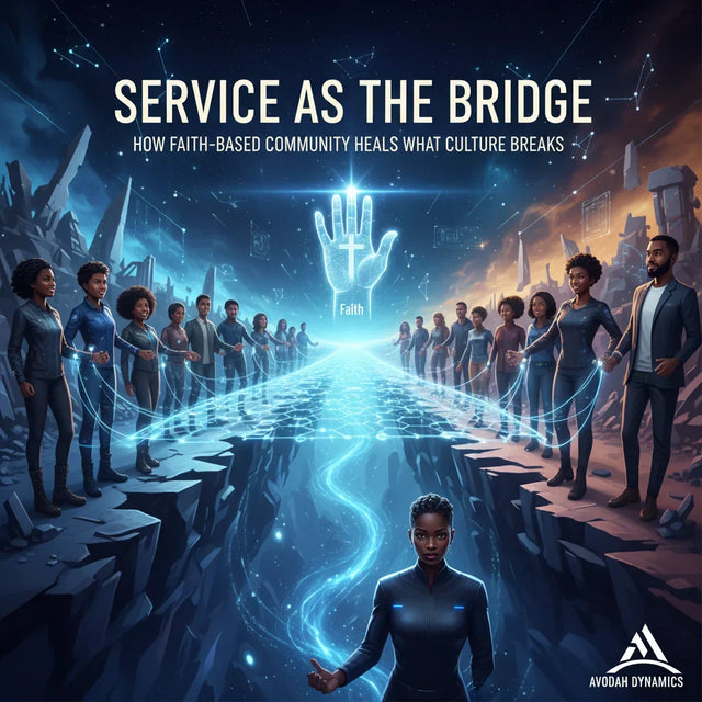 Futuristic blue and white hand bridge poster for Avodah Dynamics in faith-based communities