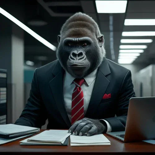 Gorilla in suit fosters strong relationships at desk with paperwork and laptop