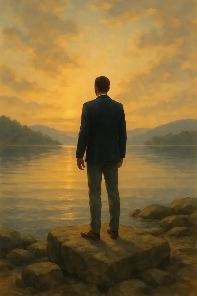 Man in suit standing on rock, embracing God’s plan amid pressure