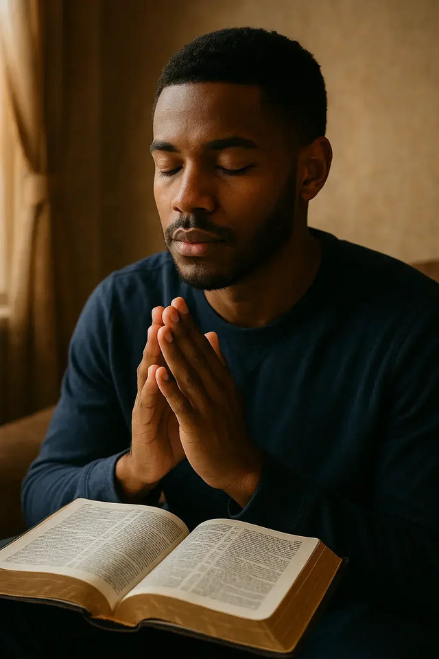 Man praying over open Bible in God’s presence on leadership journey