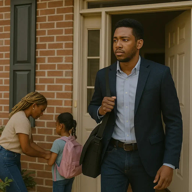 Man in navy suit holding bag, finding hope in God’s provision