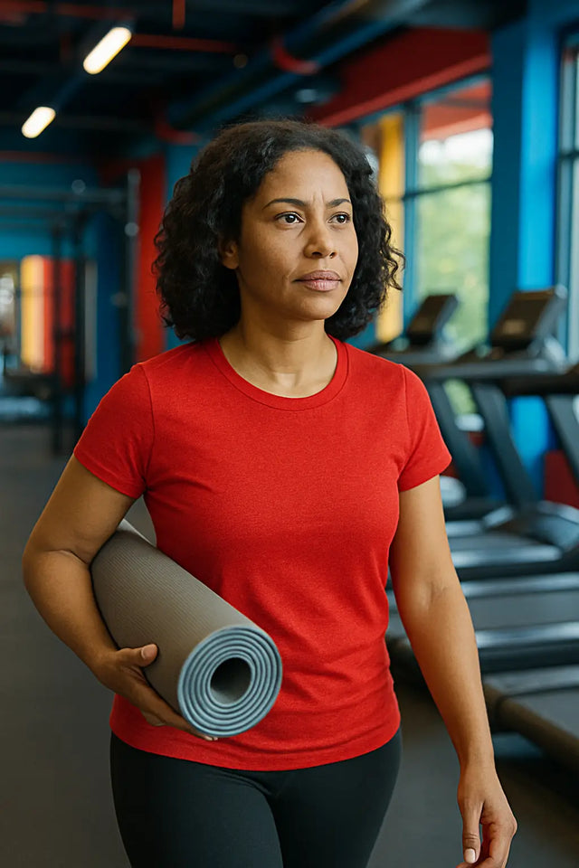 Red earth suit yoga mat with textured rubber surface