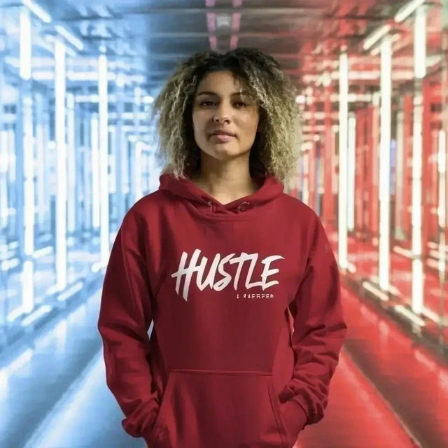 Woman in red HT hoodie in fast-paced hustle culture productivity article