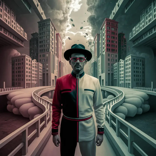 Man in red jacket and hat on rooftop, embodying leadership resilience in hustle culture