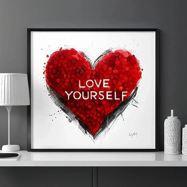 Red heart with love yourself text for balancing hustle culture and taking care.