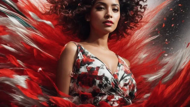 Woman with red feathers overcoming challenges in hustle oriented world