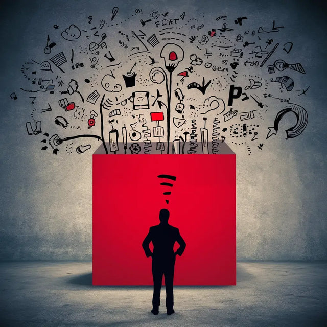 Frustrated man unleashes innovative leadership from red doodle box