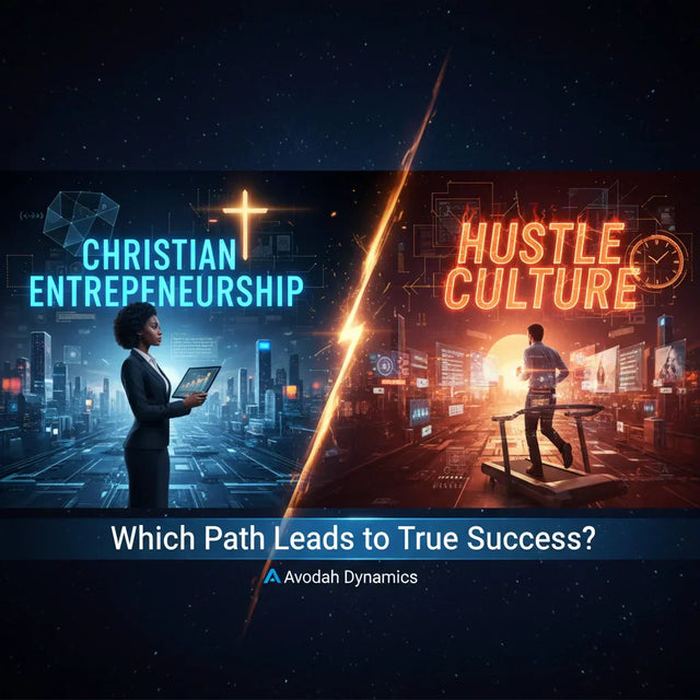 Black laptop with cross on screen amid futuristic cityscape, symbolizing Christian entrepreneurship