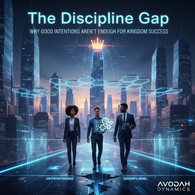 Blue and white digital cityscape with emerging leaders walking to glowing crown for true kingdom success