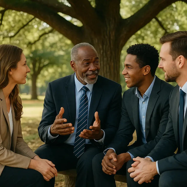 Four suited professionals discuss, embodying good roots produce lasting legacy.