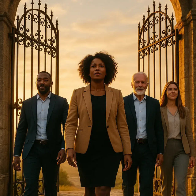Diverse professionals lead boldly through ornate gates with forward momentum
