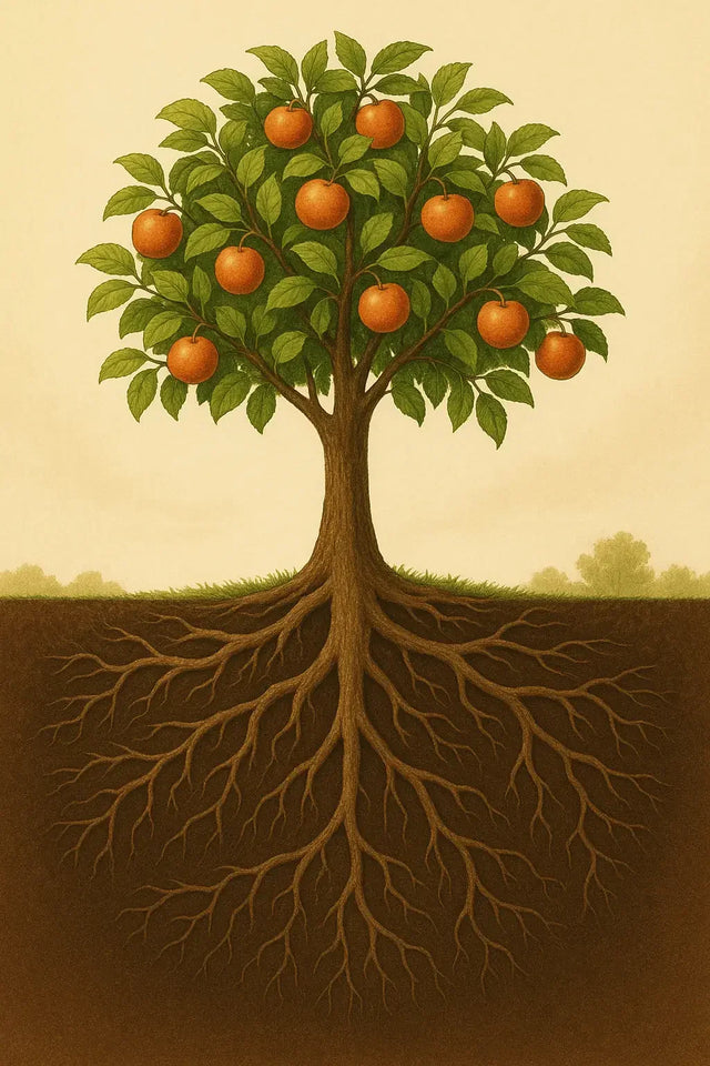 Vibrant apple tree with ripe red-orange apples, healthy roots symbolizing biblical insight in leadership application begins