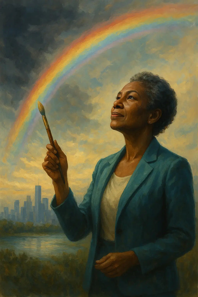 Rainbow paintbrush on leadership canvas, storms refine its vibrant hues