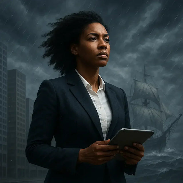 Determined woman in dark suit holds tablet for purpose-driven leadership reflection questions in challenging times