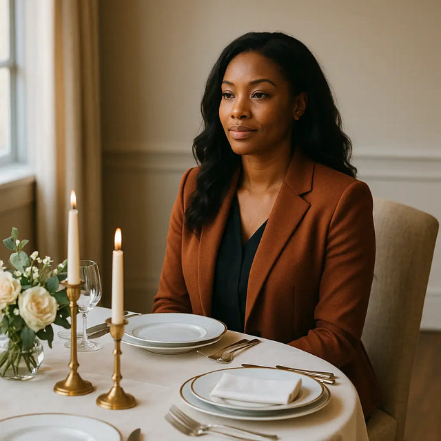 Gold candlestick holder with white roses for leadership strategy wisdom