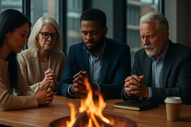 Diverse group pressing forward like master builders praying by fire pit