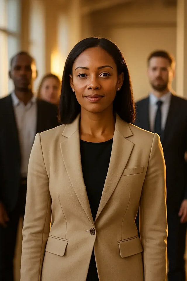 Beige blazer with black shirt and pocket details in obedience shapes leadership article