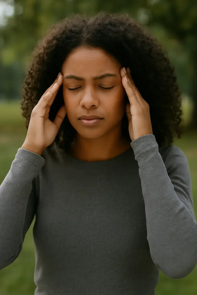 Woman with dark curly hair in gray shirt, eyes closed in negative self-talk pain