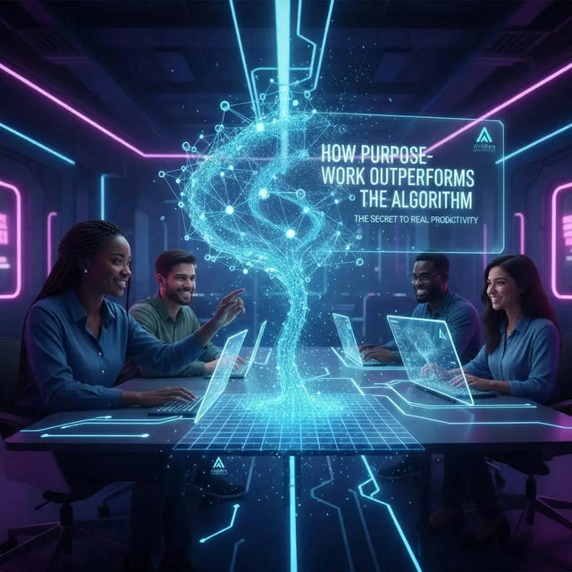 Futuristic neon blue holographic laptop screen in purpose-driven data world