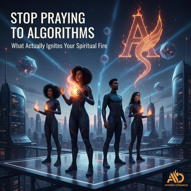 Futuristic cityscape poster evoking real spiritual growth beyond digital scrolls