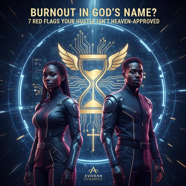 Futuristic black and red armored suit amid spiritual activities overload red flag signs