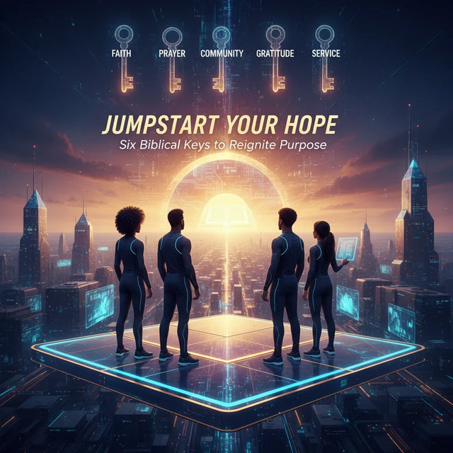 Futuristic cityscape poster with neon lights, holographic elements for faith journey