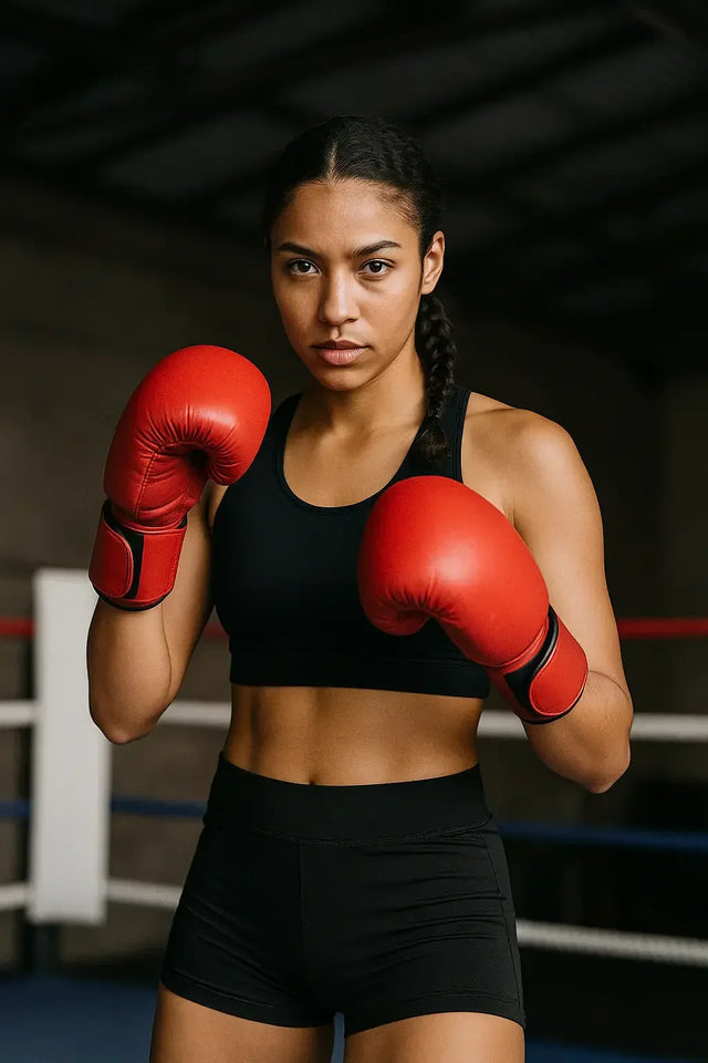 Young woman in black sports bra and shorts stands firm with red boxing gloves and Killer Shoes