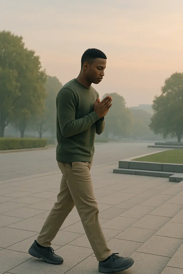 Man in green shirt and khaki pants walking, embodying purpose-driven leadership for sustainable success