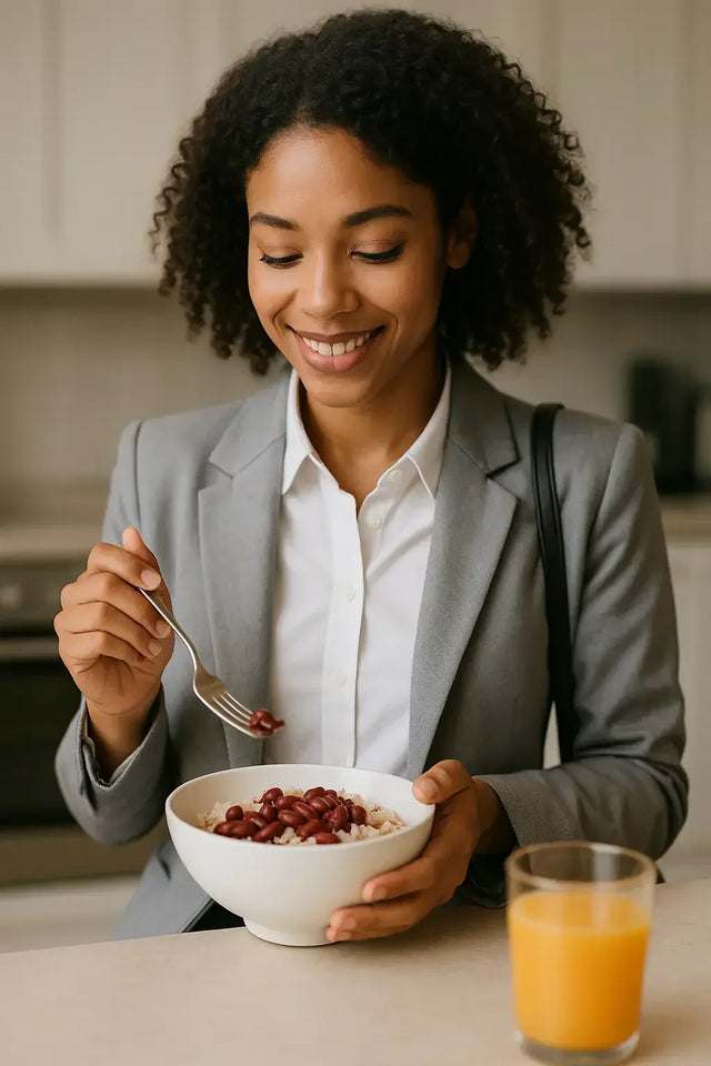 Smiling businesswoman fueling intense workouts with berry cereal and orange juice