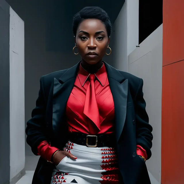 Resilient woman in red top and black jacket, embodying hustle culture leadership