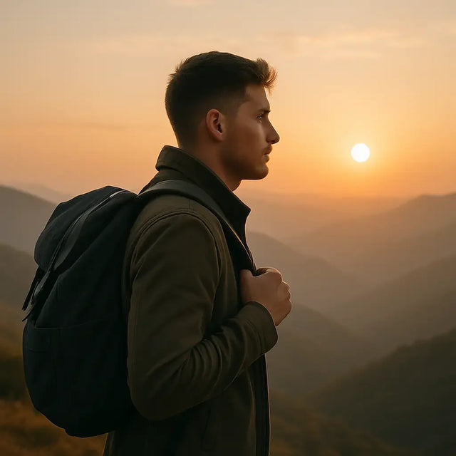 Man overlooking mountain range at sunset, embodying travel light in leadership