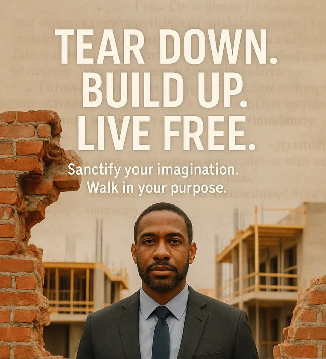 Man in suit conquers vain imaginations amid broken wall construction