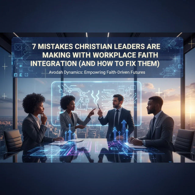 Futuristic holographic tablet displaying biblical principles for workplace faith integration